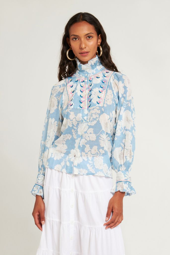 Clothes Antik Batik  | Peony Embroidered Blouse Blue